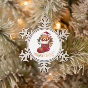 Red Panda in Christmas Stocking Merry & Bright Snowflake Pewter Christmas Ornament