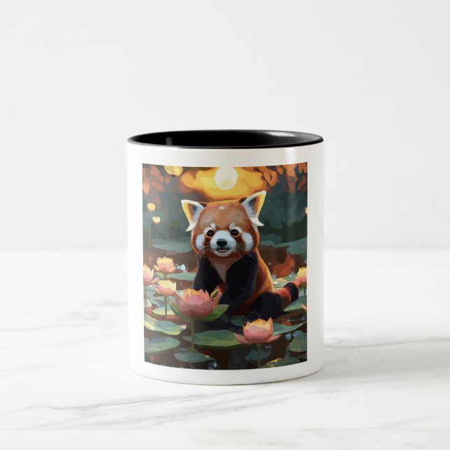 Red panda in lotus pond Two-Tone coffee mug (Center)