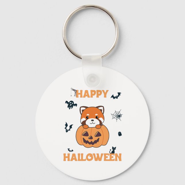 Red Panda In Pumpkin Cute Pandas Happy Halloween Key Ring (Front)