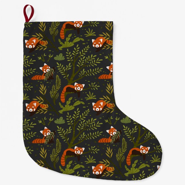 Red Panda Jungle Christmas Black Botanical Large Christmas Stocking (Front)