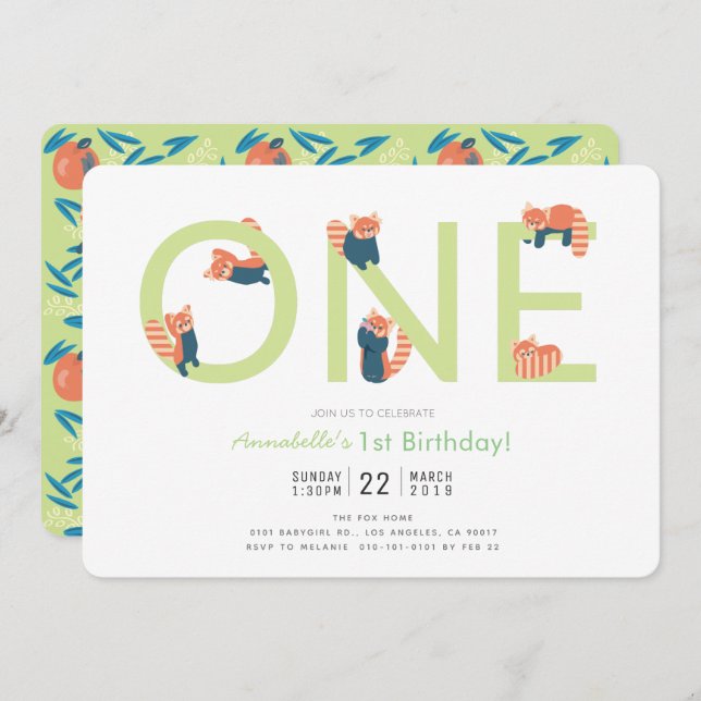 Red Panda Light Green 1st Birthday Invitation (Front/Back)