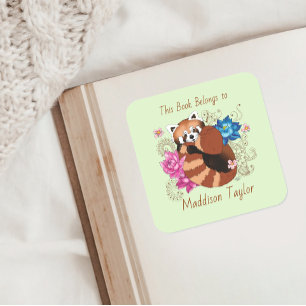 Red Panda Lotus Flowers Henna Bookplate Square Sticker