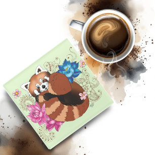 Red Panda Lotus Flowers Henna Glass Coaster