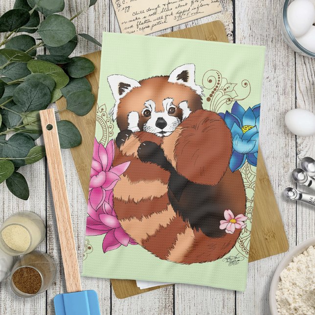 Red Panda Lotus Flowers Henna Tea Towel (Creator Uploaded)