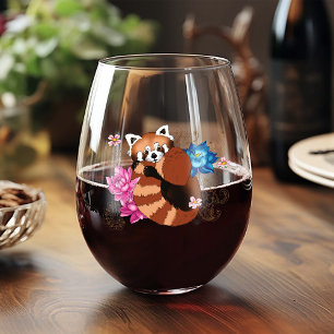 Red Panda Lotus Flowers Hernna Stemless Wine Glass