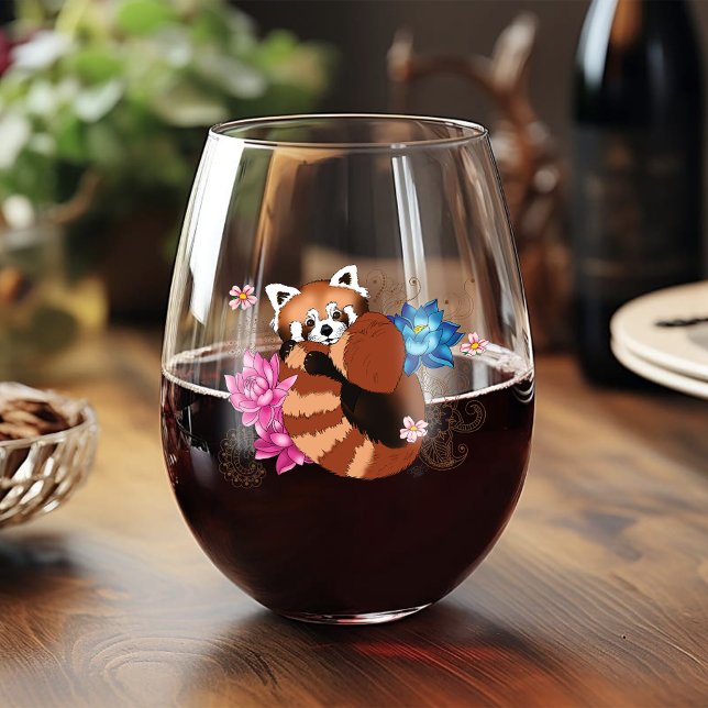 Red Panda Lotus Flowers Hernna Stemless Wine Glass (Creator Uploaded)