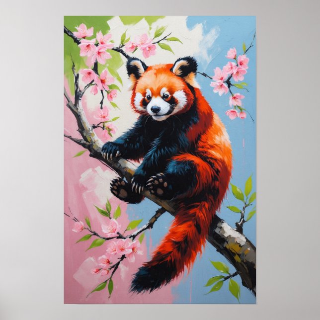 Red Panda on Blossom Tree Cute Wildlife Art Poster (Front)
