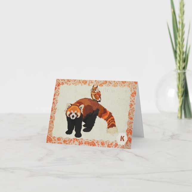 Red Panda & Owl Monogram Notecard (Front)