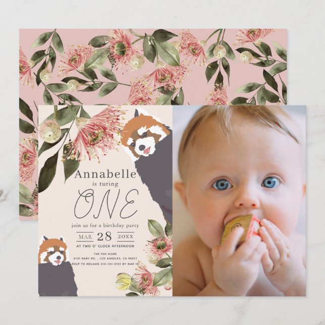 Red Panda Pink Floral Girl 1st Birthday Photo Invitation (Front/Back)