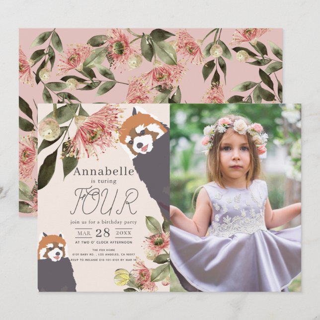 Red Panda Pink Floral Girl Birthday Photo Invitation (Front/Back)