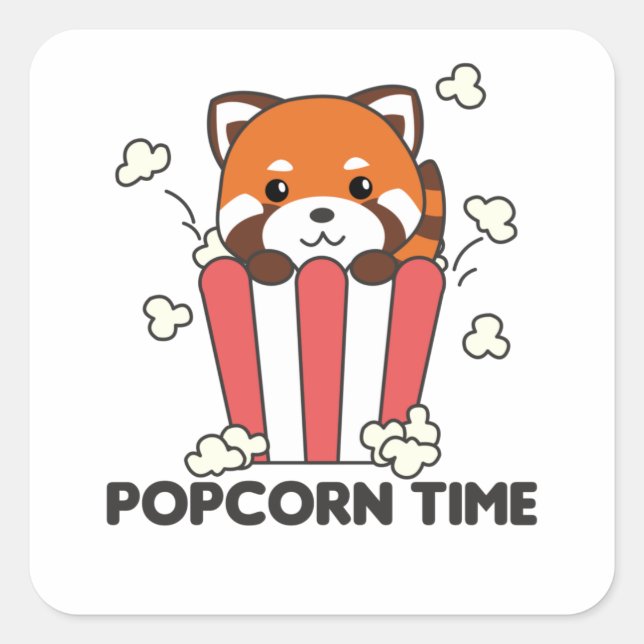 Red Panda Popcorn Time Funny Pun Square Sticker (Front)