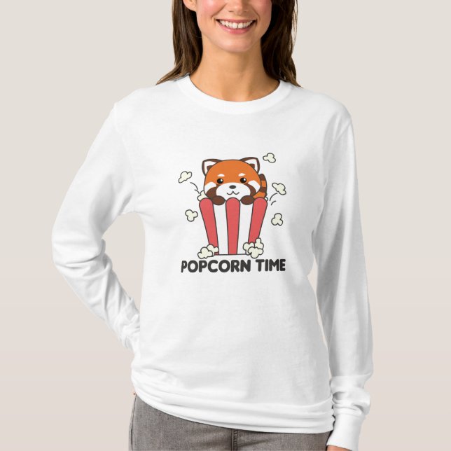 Red Panda Popcorn Time Funny Pun T-Shirt (Front)