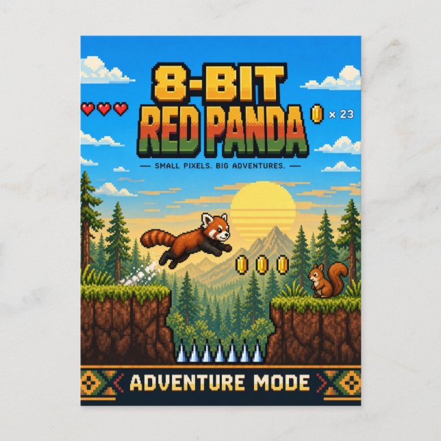 Red Panda, Retro 8-Bit Pixel Art Postcard (Front)