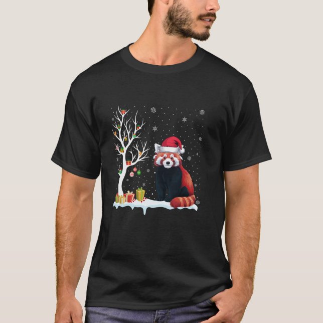 Red Panda Santa Hat Festive Tree Light Christmas P T-Shirt (Front)