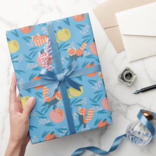 Red Panda Sky Blue Apple Pattern Wrapping Paper