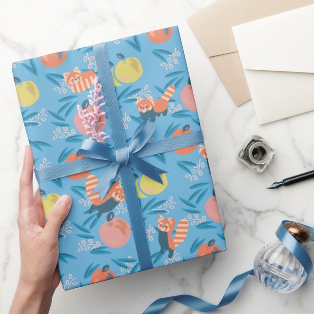 Red Panda Sky Blue Apple Pattern Wrapping Paper (Gifting)