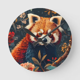 Red Panda Vintage Forest Pattern Floral Garden Round Clock