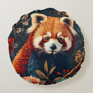 Red Panda Vintage Forest Pattern Floral Garden Round Cushion