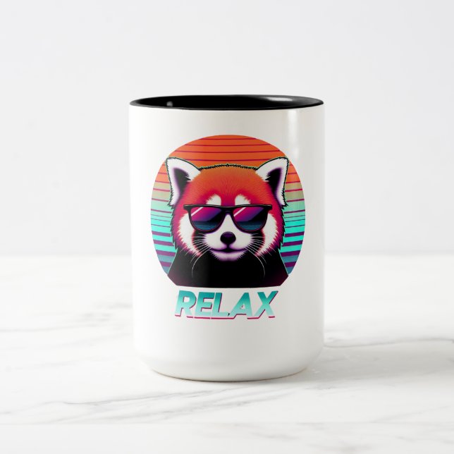 Red Panda wearing sunglasses with the word Relax Two-Tone Coffee Mug (Center)