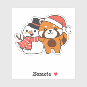 Red Panda With Snowman In Winter For Christmas