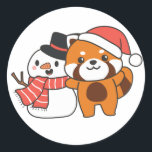 Red Panda With Snowman In Winter For Christmas Cla Classic Round Sticker<br><div class="desc">Red panda with snowman in winter for Christmas - a snowman for winter and Christmas. A winter greeting in the cold season for the holidays. Christmas red panda with snowman.</div>