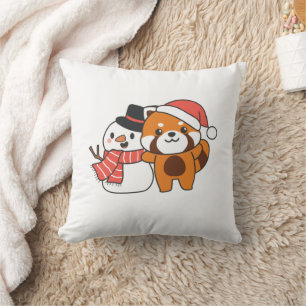 Red Panda With Snowman In Winter For Christmas Cushion