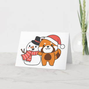 Red Panda With Snowman In Winter For Christmas Hol Holiday Card