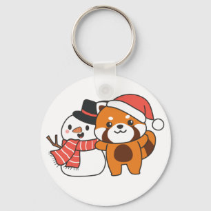 Red Panda With Snowman In Winter For Christmas Key Ring