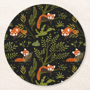Red Pandas in the Forest Black Round Paper Coaster
