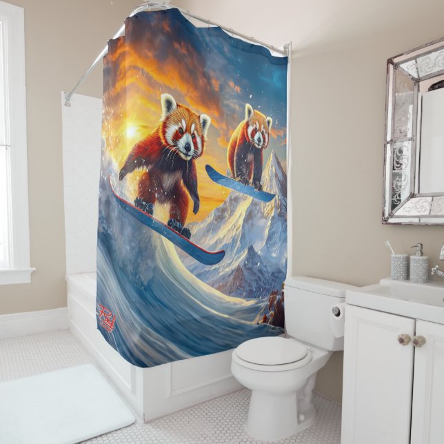 Red Pandas Snowboarding Design By Rich AMeN Gill Shower Curtain (In Situ)