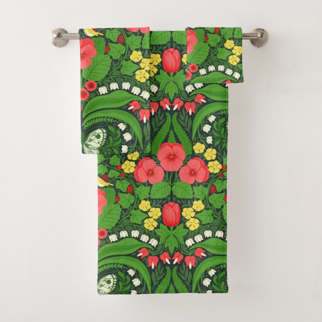 Red pansies, birds and butterflies bath towel set (Insitu)