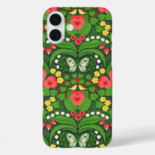 Red pansies, birds and butterflies iPhone 16 plus case