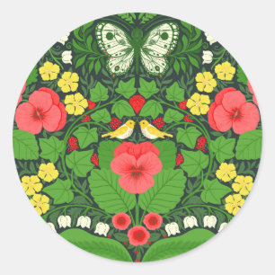 Red pansies, birds and butterflies classic round sticker