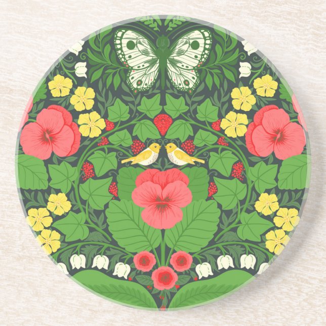 Red pansies, birds and butterflies coaster (Front)