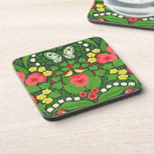 Red pansies, birds and butterflies coaster