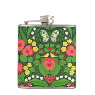 Red pansies, birds and butterflies hip flask