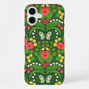 Red pansies, birds and butterflies iPhone 16 plus case