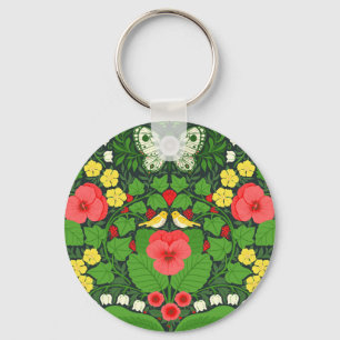 Red pansies, birds and butterflies key ring