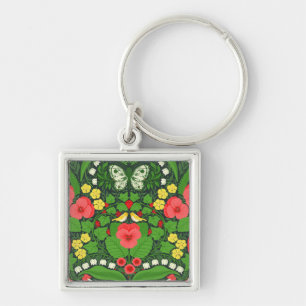 Red pansies, birds and butterflies key ring