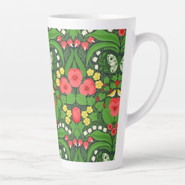 Red pansies, birds and butterflies latte mug (Right)