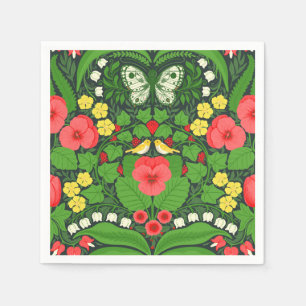Red pansies, birds and butterflies napkin