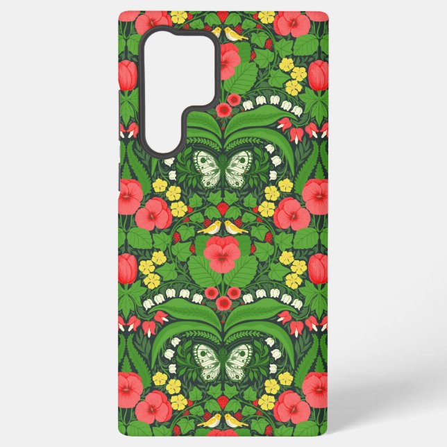Red pansies, birds and butterflies samsung galaxy s22 ultra case (Back)
