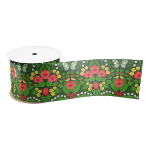 Red pansies, birds and butterflies satin ribbon