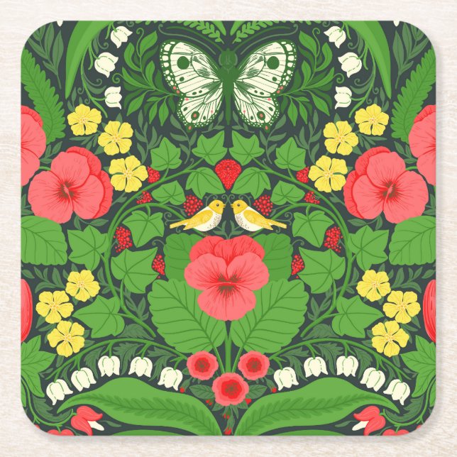 Red pansies, birds and butterflies square paper coaster (Front)