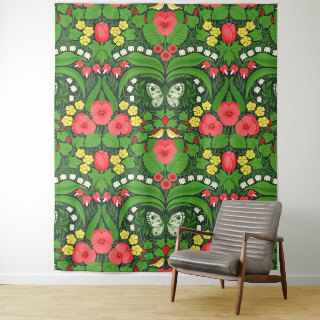 Red pansies, birds and butterflies tapestry (In Situ)