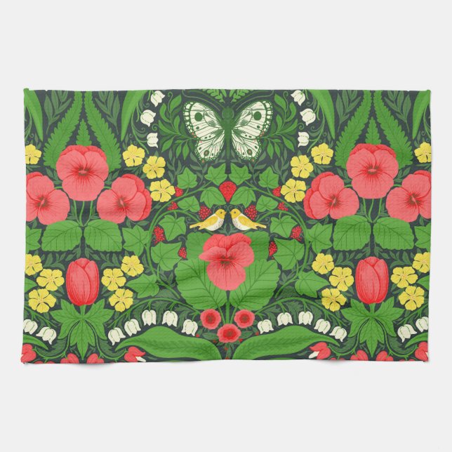 Red pansies, birds and butterflies tea towel (Horizontal)