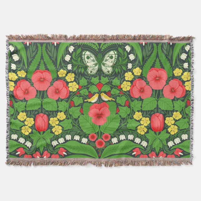 Red pansies, birds and butterflies throw blanket (Front)