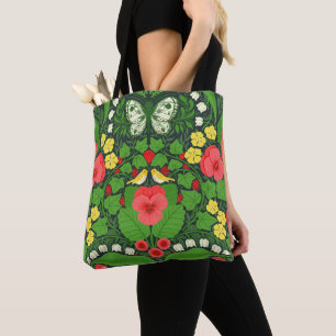 Red pansies, birds and butterflies tote bag