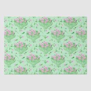 Red pansies green bowl and background tissue paper