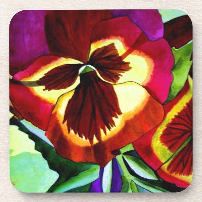 Red pansies watercolor flower original art coaster (Front)